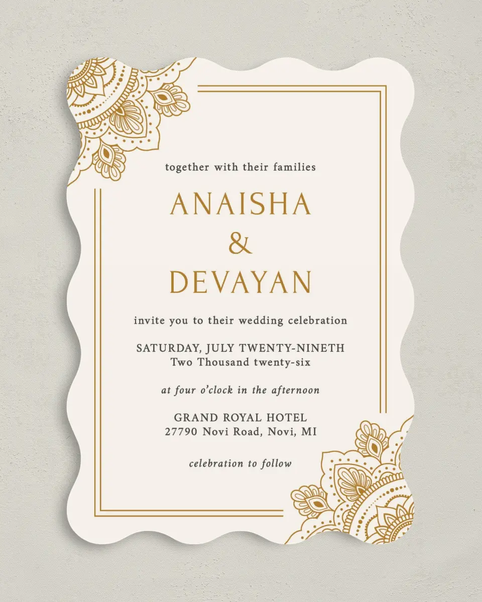 This is a 5" x 7" Wavy Wedding Invitation called Indian Mandala printed in full color on Premium Smooth paper