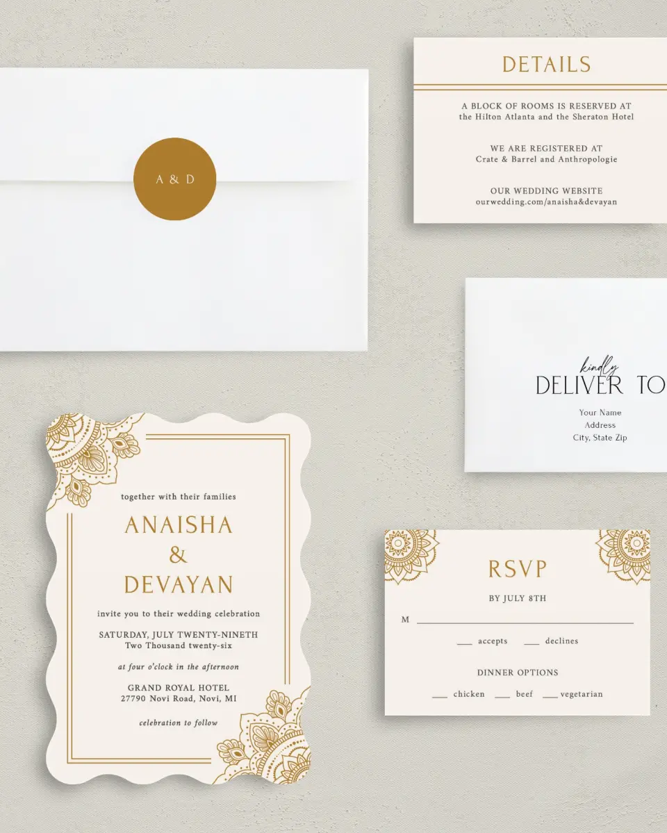 This is a 5" x 7" Wavy Wedding Invitation called Indian Mandala printed in full color with Silver foil on Luxe Satin (coated) paper