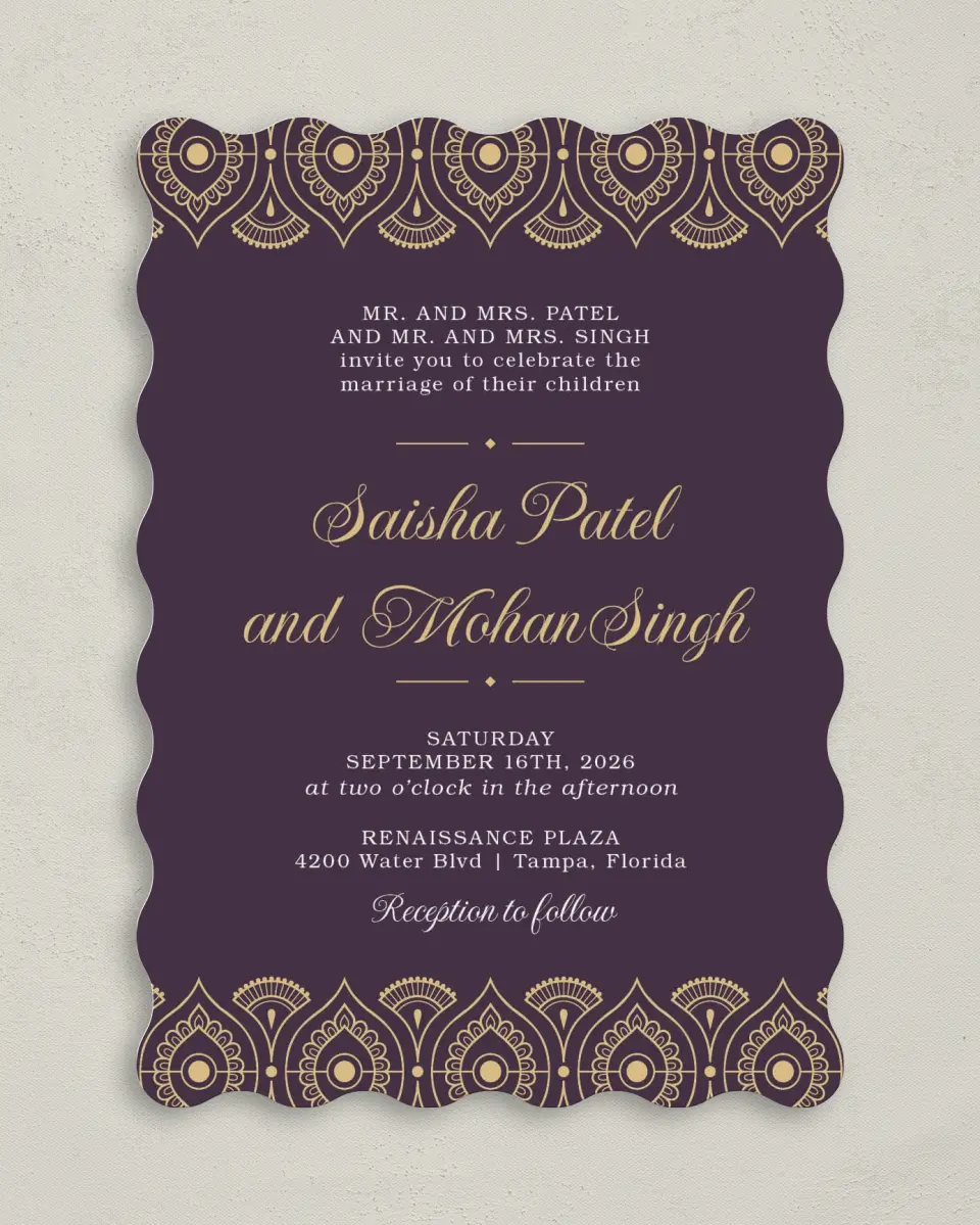This is a 5" x 7" Wavy Wedding Invitation called Royal Pattern printed in full color on Premium Smooth paper