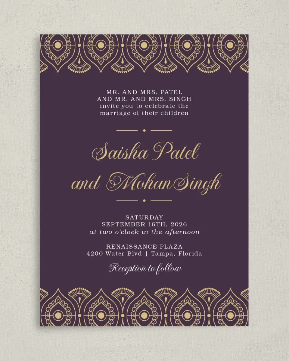This is a 5" x 7" Classic Wedding Invitation called Royal Pattern printed in full color on Premium Smooth paper