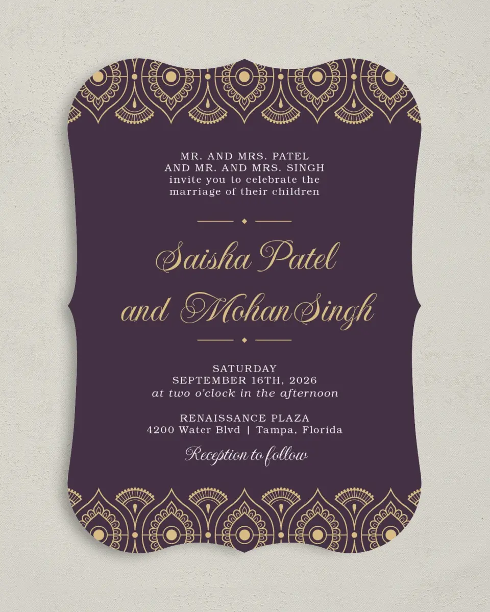 This is a 5" x 7" Bracket Wedding Invitation called Royal Pattern printed in full color on Premium Smooth paper