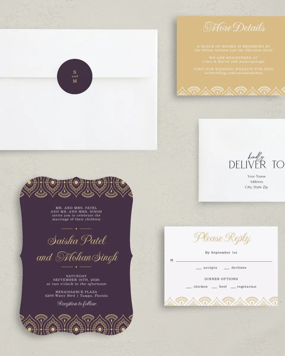 This is a 5" x 7" Bracket Wedding Invitation called Royal Pattern printed in full color with Silver foil on Luxe Satin (coated) paper