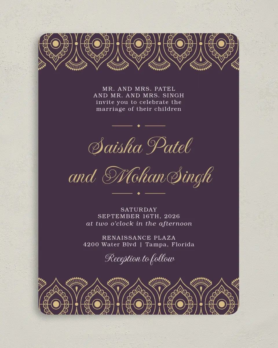 This is a 5" x 7" Rounded Wedding Invitation called Royal Pattern printed in full color on Premium Smooth paper