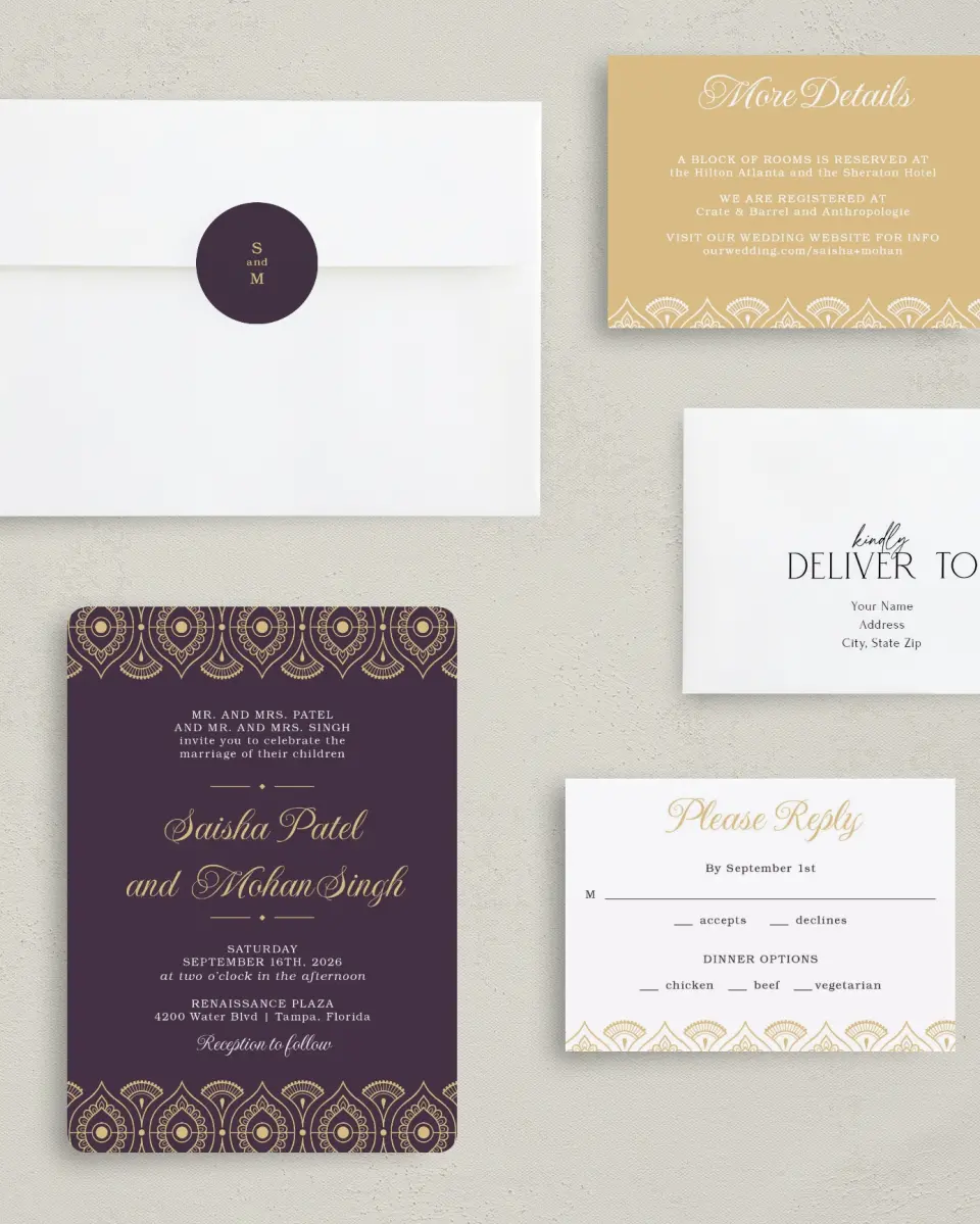 This is a 5" x 7" Rounded Wedding Invitation called Royal Pattern printed in full color with Gold foil on Luxe Satin (coated) paper