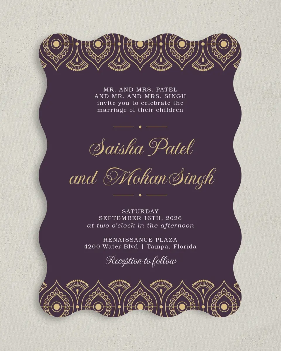 This is a 5" x 7" Wavy Wedding Invitation called Royal Pattern printed in full color on Premium Smooth paper