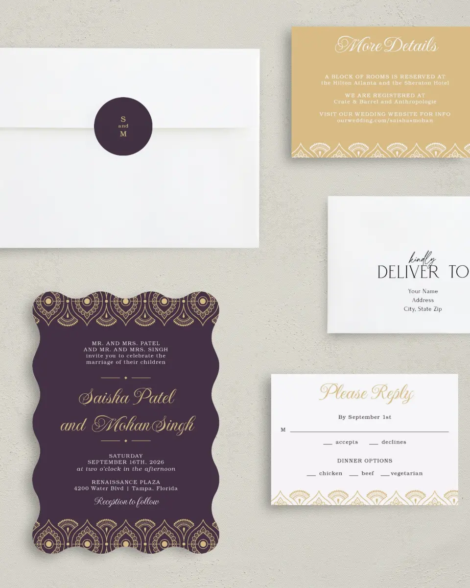 This is a 5" x 7" Wavy Wedding Invitation called Royal Pattern printed in full color with Silver foil on Luxe Satin (coated) paper