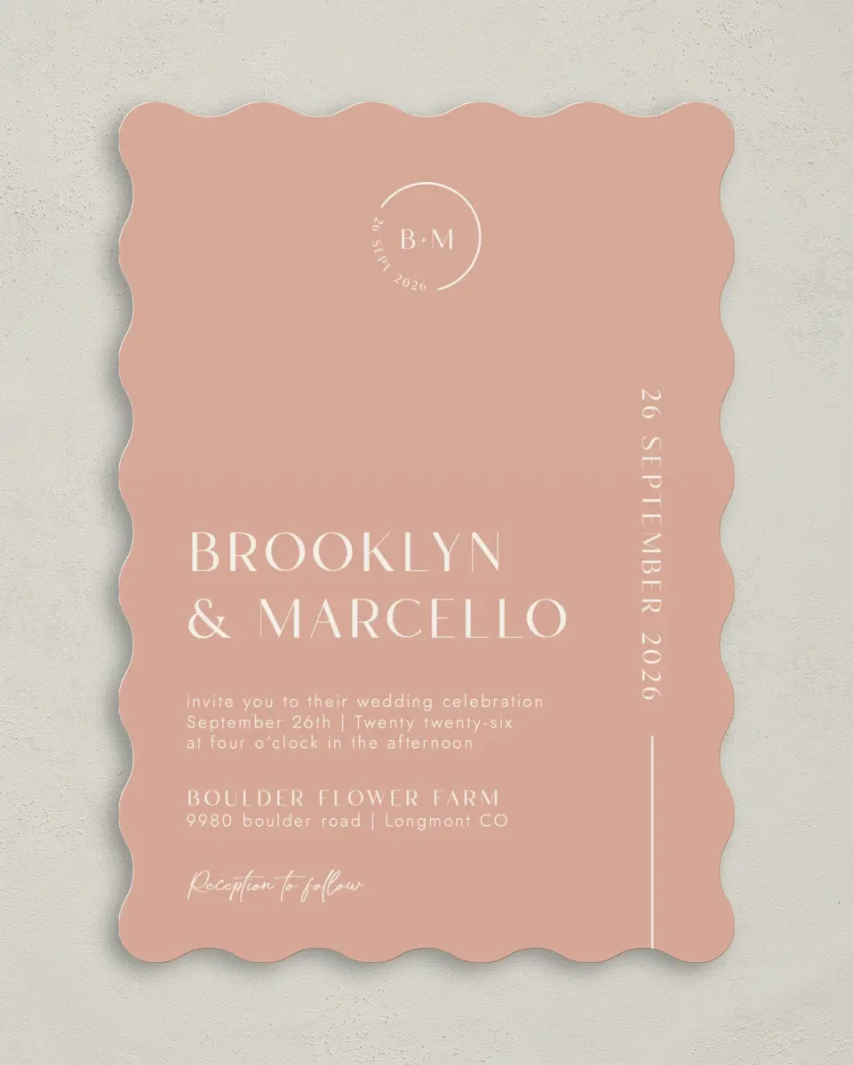 This is a 5" x 7" Wavy Wedding Invitation called The Brooklyn printed in full color on Premium Smooth paper
