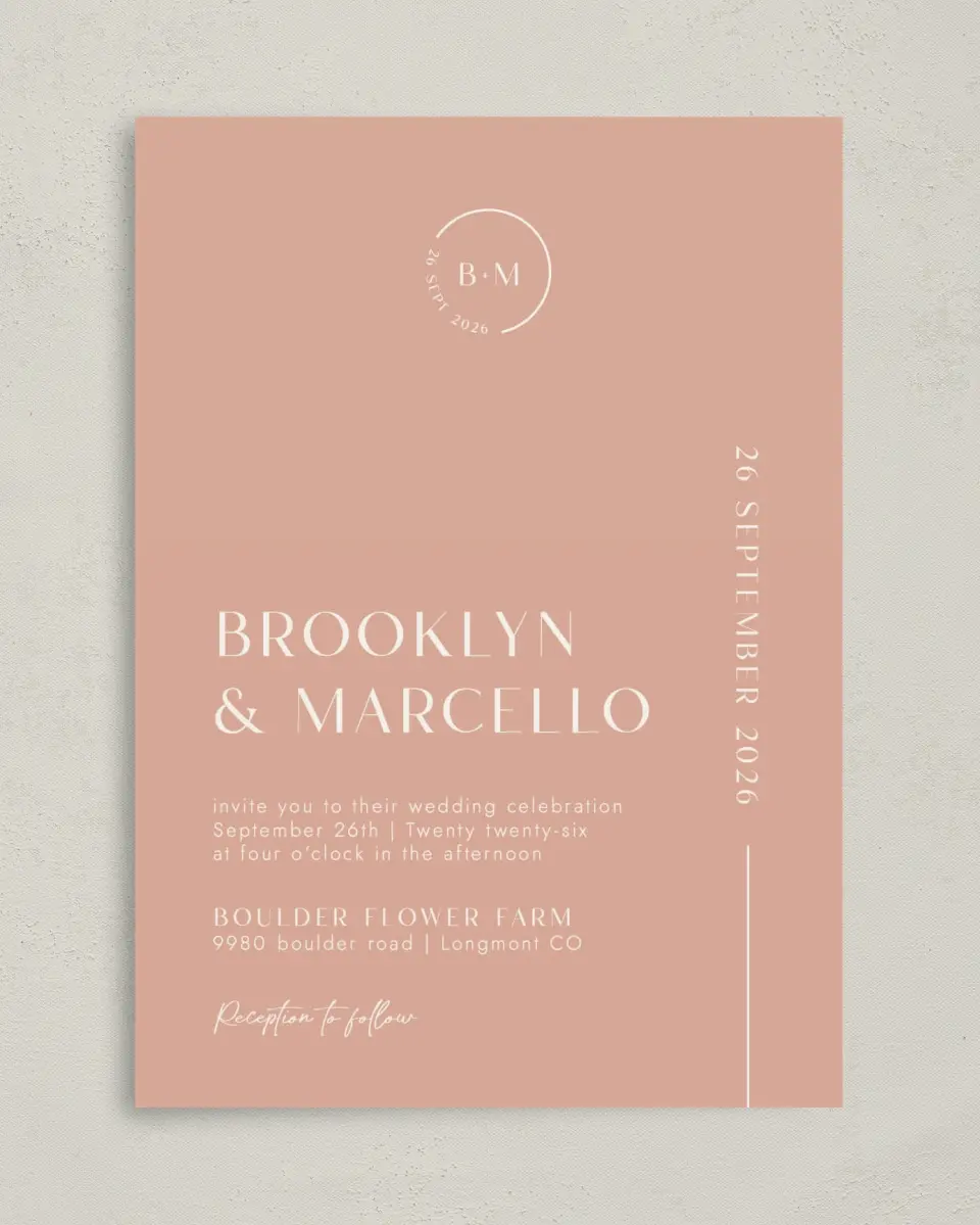 This is a 5" x 7" Classic Wedding Invitation called The Brooklyn printed in full color with Silver foil on Luxe Satin (coated) paper