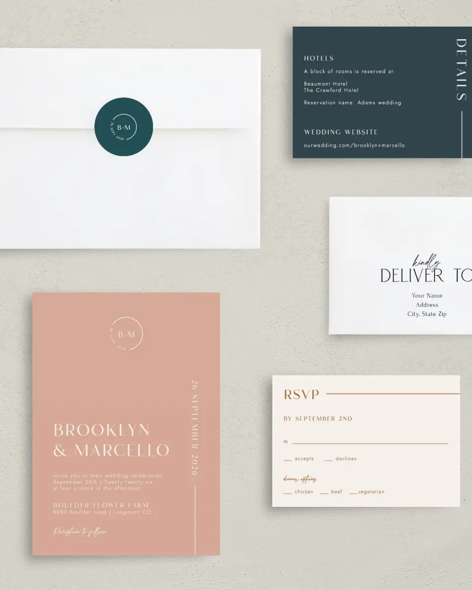 This is a 5" x 7" Classic Wedding Invitation called The Brooklyn printed in full color with Silver foil on Luxe Satin (coated) paper