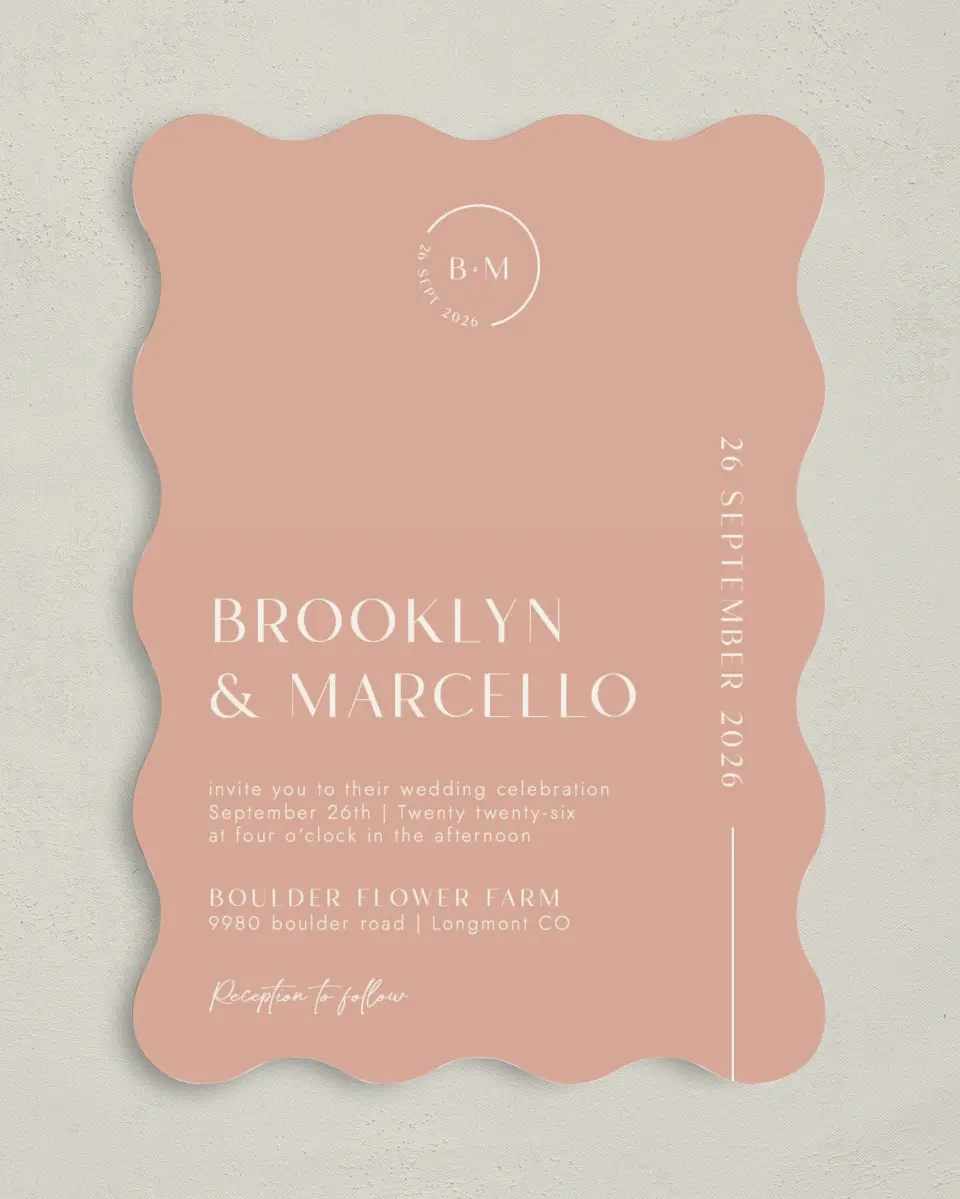 This is a 5" x 7" Wavy Wedding Invitation called The Brooklyn printed in full color on Premium Smooth paper