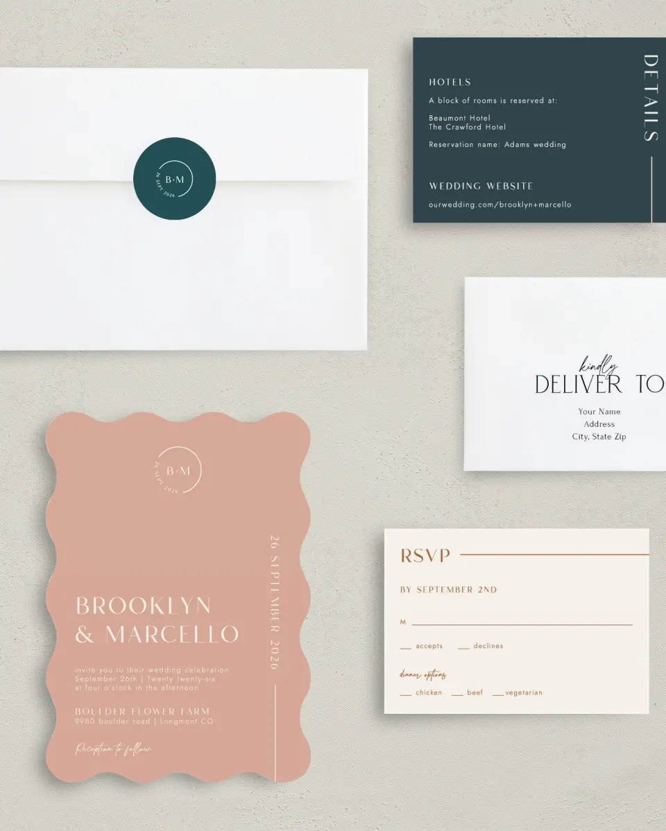 This is a 5" x 7" Wavy Wedding Invitation called The Brooklyn printed in full color with Gold foil on Luxe Satin (coated) paper