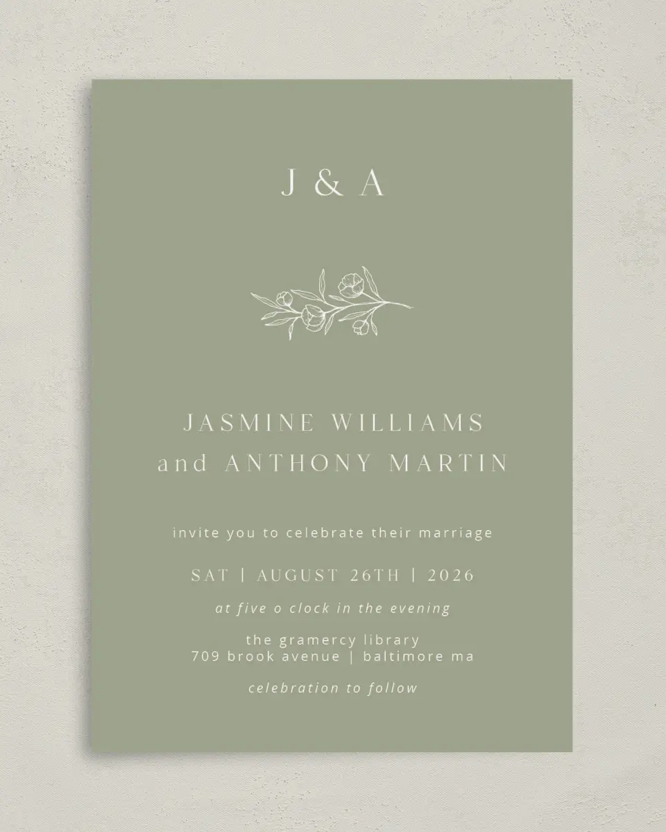 This is a 5" x 7" Classic Wedding Invitation called The Jasmine printed in full color on Premium Smooth paper