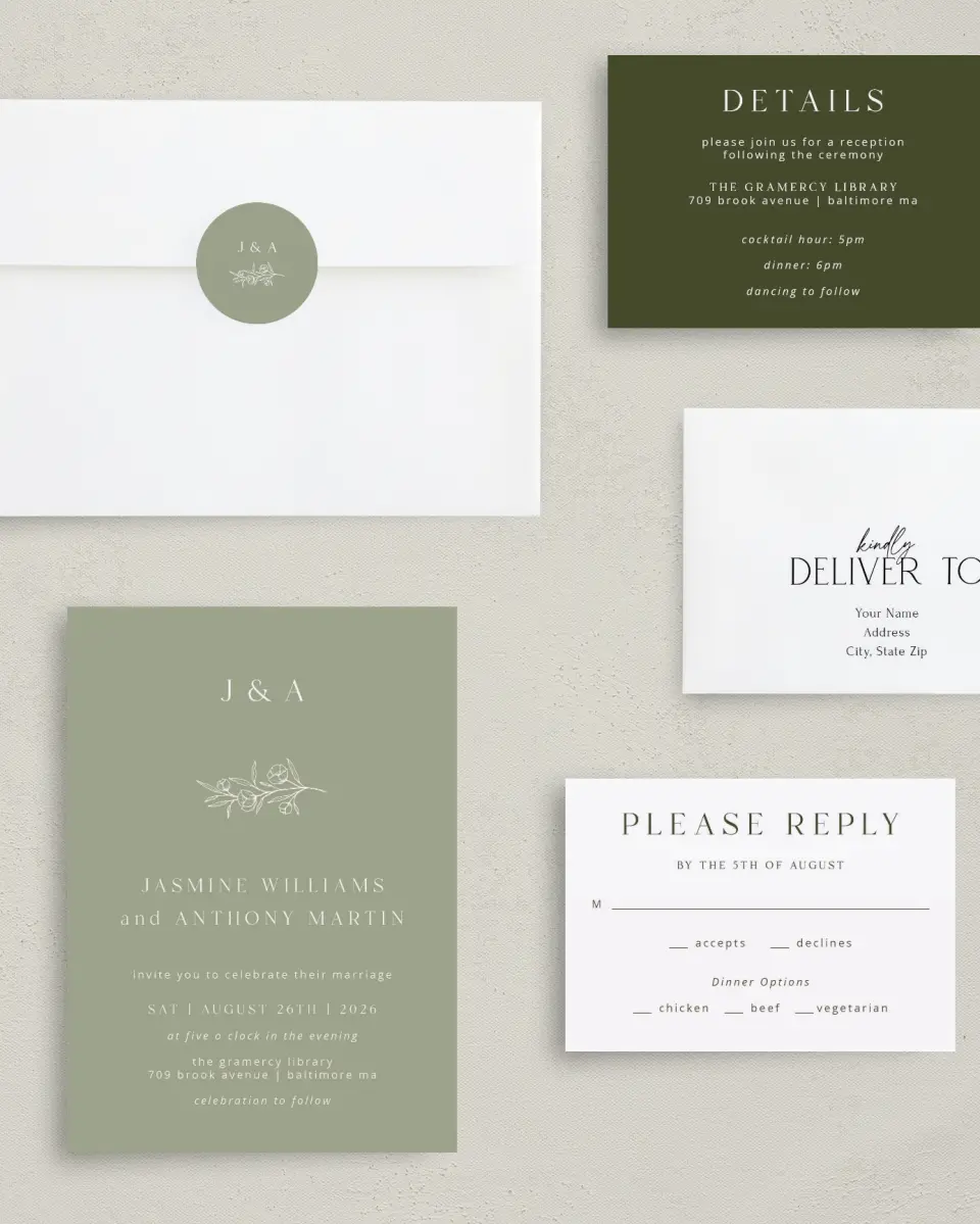 This is a 5" x 7" Classic Wedding Invitation called The Jasmine printed in full color with Silver foil on Luxe Satin (coated) paper