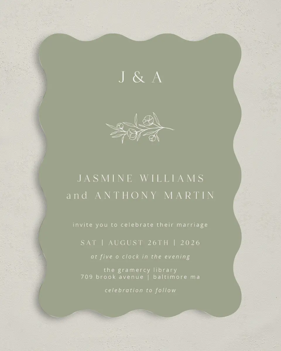 This is a 5" x 7" Wavy Wedding Invitation called The Jasmine printed in full color on Premium Smooth paper
