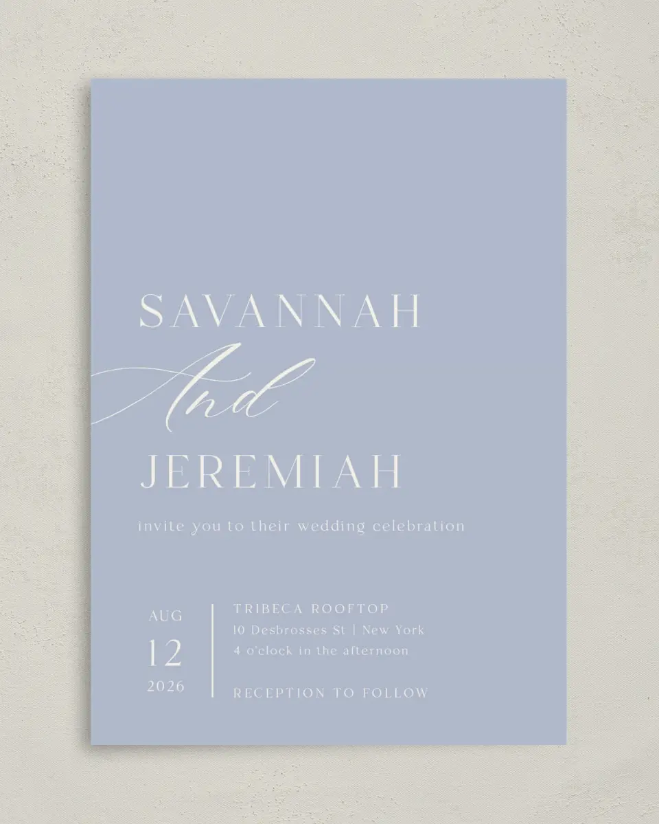 This is a 5" x 7" Classic Wedding Invitation called The Savannah printed in full color with Rose Gold foil on Luxe Satin (coated) paper