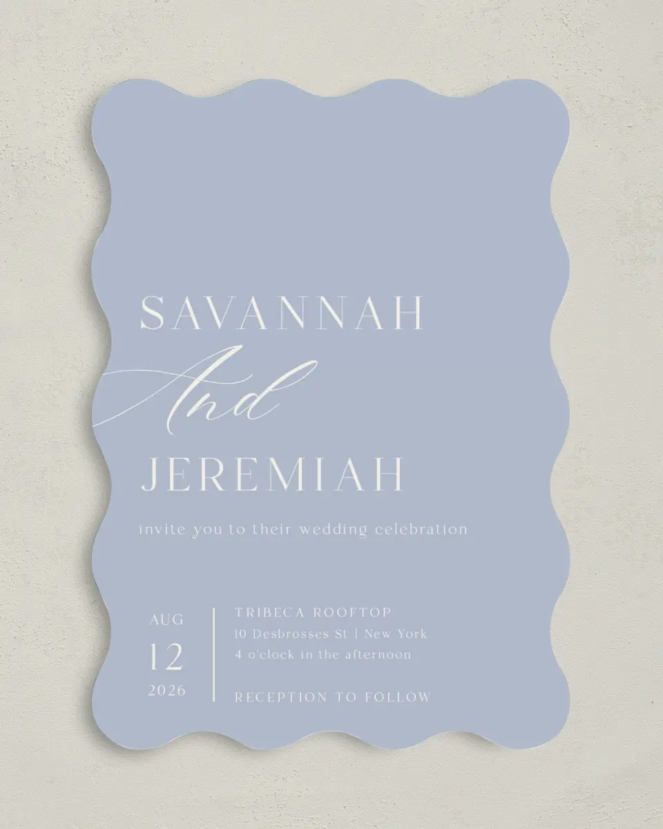 This is a 5" x 7" Wavy Wedding Invitation called The Savannah printed in full color on Premium Smooth paper