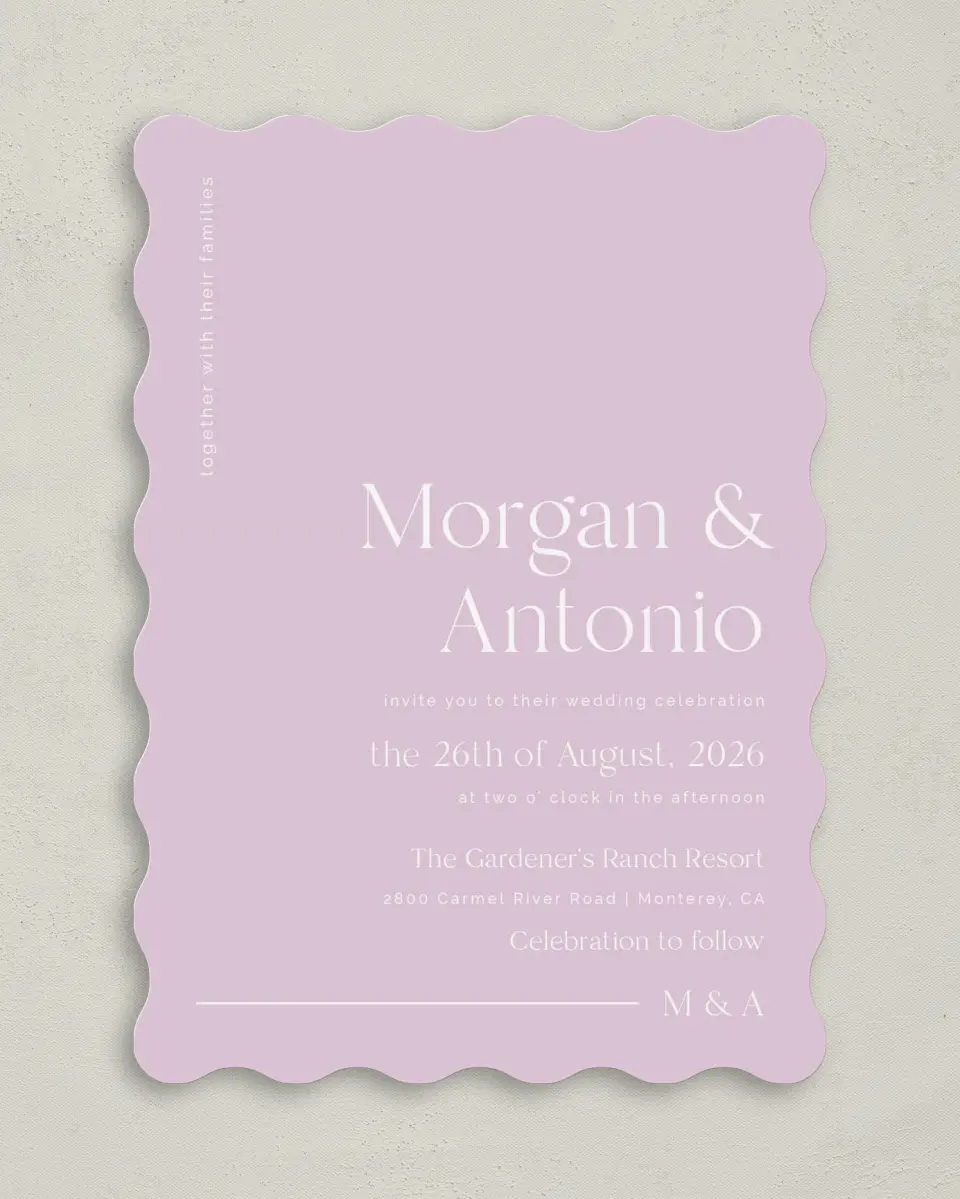 This is a 5" x 7" Wavy Wedding Invitation called The Morgan printed in full color on Premium Smooth paper
