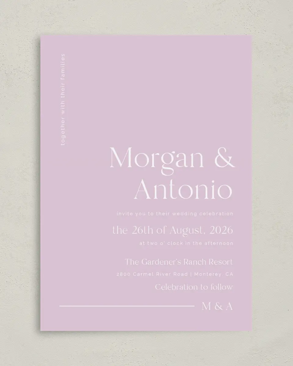 This is a 5" x 7" Classic Wedding Invitation called The Morgan printed in full color with Gold foil on Luxe Satin (coated) paper