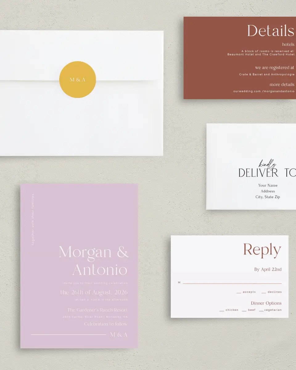 This is a 5" x 7" Classic Wedding Invitation called The Morgan printed in full color with Gold foil on Luxe Satin (coated) paper