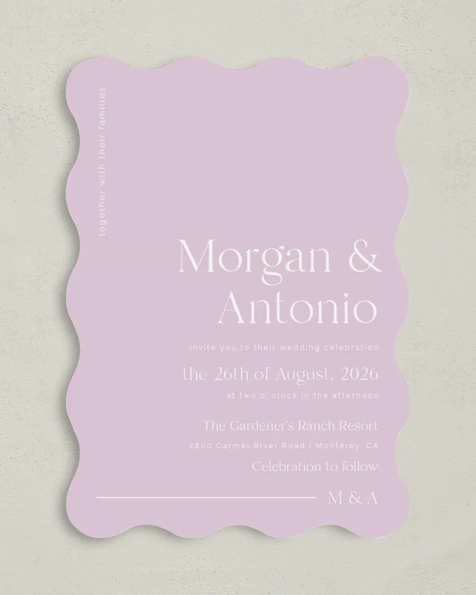 This is a 5" x 7" Wavy Wedding Invitation called The Morgan printed in full color on Premium Smooth paper