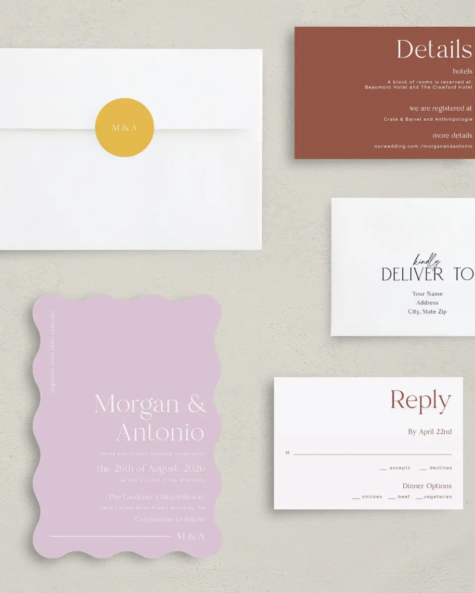 This is a 5" x 7" Wavy Wedding Invitation called The Morgan printed in full color on Premium Smooth paper