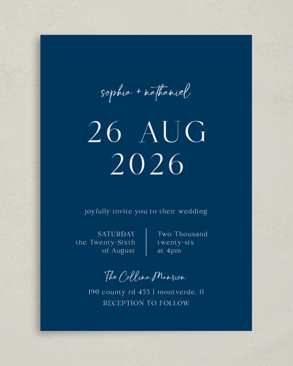 This is a 5" x 7" Classic Wedding Invitation called The Sophia printed in full color with Rose Gold foil on Luxe Satin (coated) paper