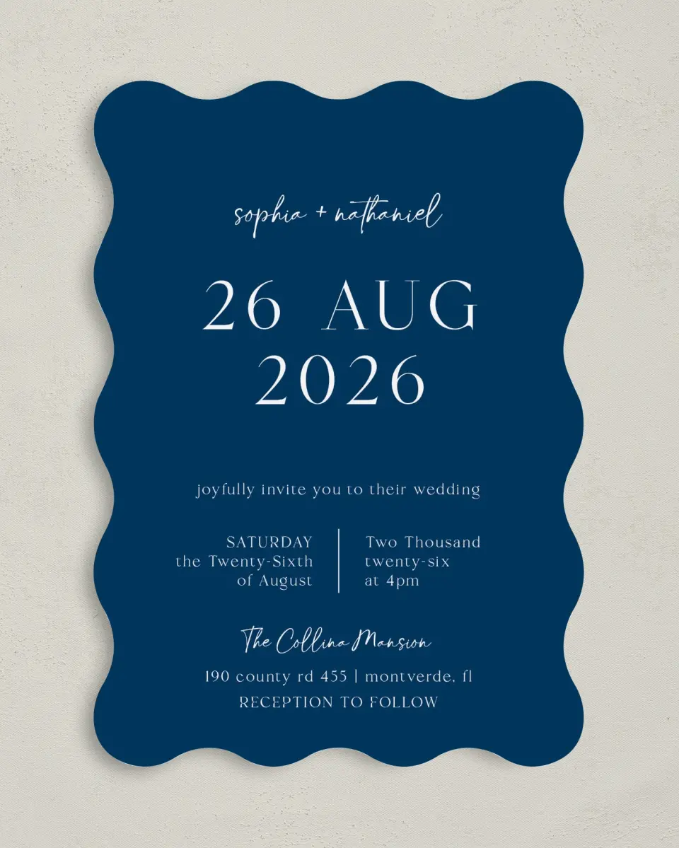 This is a 5" x 7" Wavy Wedding Invitation called The Sophia printed in full color on Premium Smooth paper