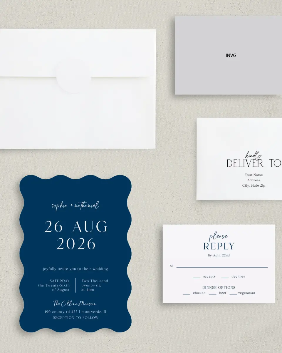 This is a 5" x 7" Wavy Wedding Invitation called The Sophia printed in full color with Silver foil on Luxe Satin (coated) paper