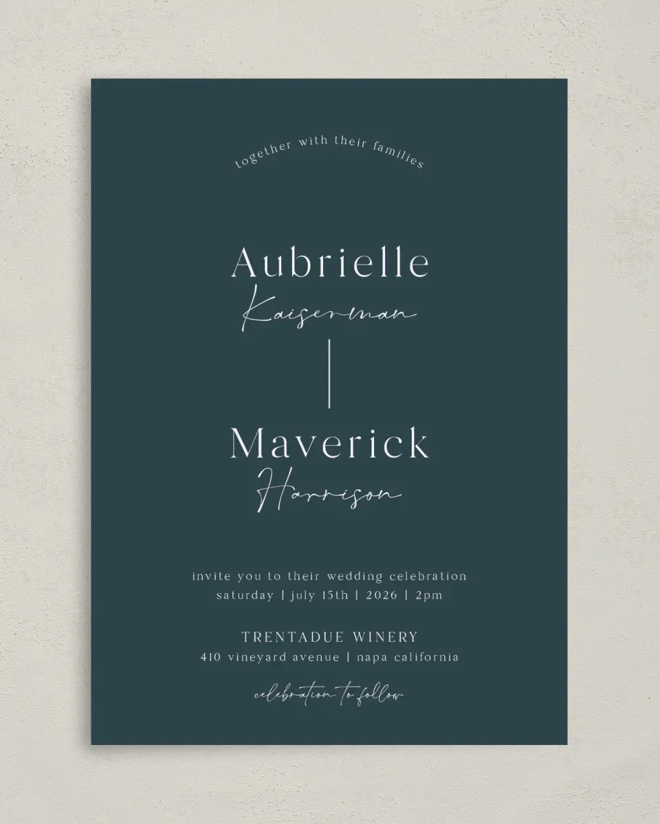 This is a 5" x 7" Classic Wedding Invitation called The Aubrielle printed in full color on Premium Smooth paper