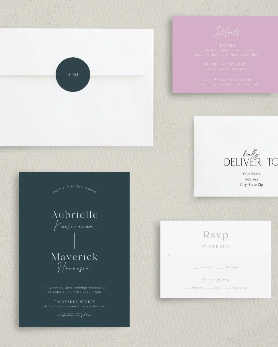 This is a 5" x 7" Classic Wedding Invitation called The Aubrielle printed in full color with Gold foil on Luxe Satin (coated) paper