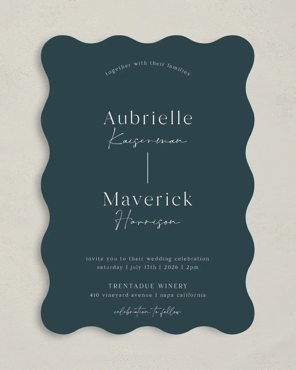 This is a 5" x 7" Wavy Wedding Invitation called The Aubrielle printed in full color on Premium Smooth paper