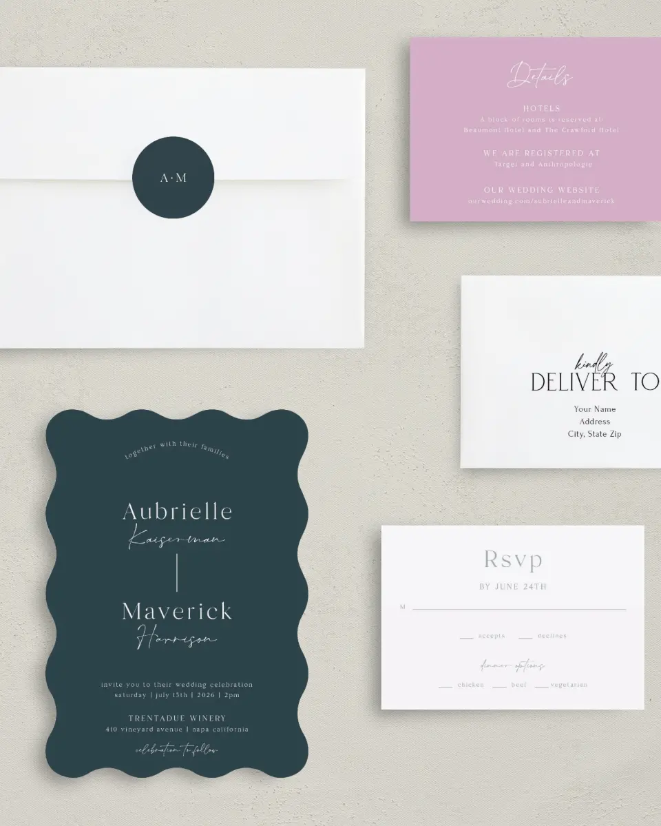 This is a 5" x 7" Wavy Wedding Invitation called The Aubrielle printed in full color with Rose Gold foil on Luxe Satin (coated) paper