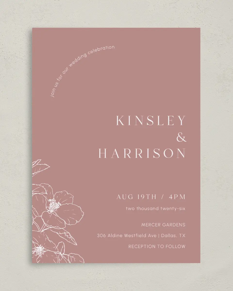 This is a 5" x 7" Classic Wedding Invitation called The Kinsley printed in full color on Premium Smooth paper