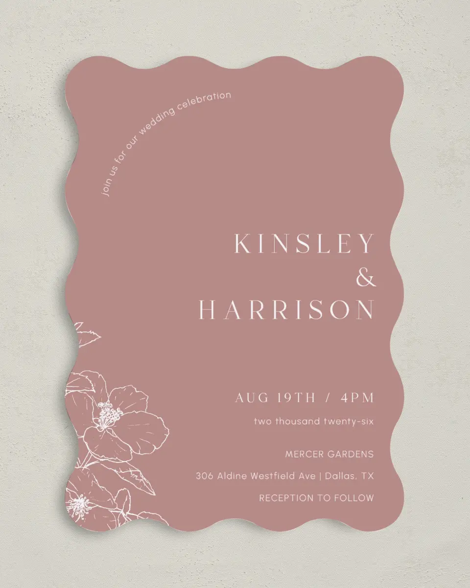 This is a 5" x 7" Wavy Wedding Invitation called The Kinsley printed in full color on Premium Smooth paper