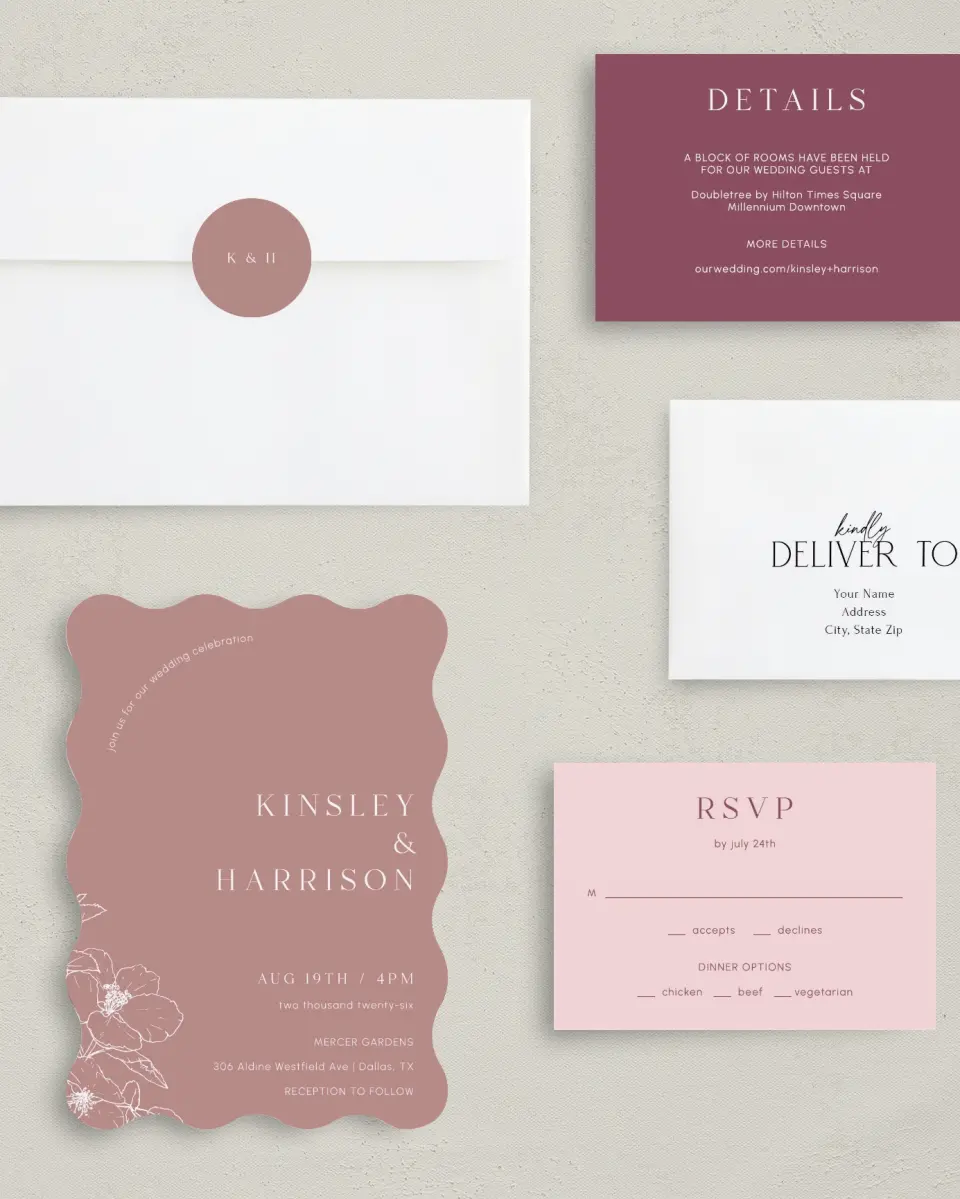 This is a 5" x 7" Wavy Wedding Invitation called The Kinsley printed in full color with Gold foil on Luxe Satin (coated) paper