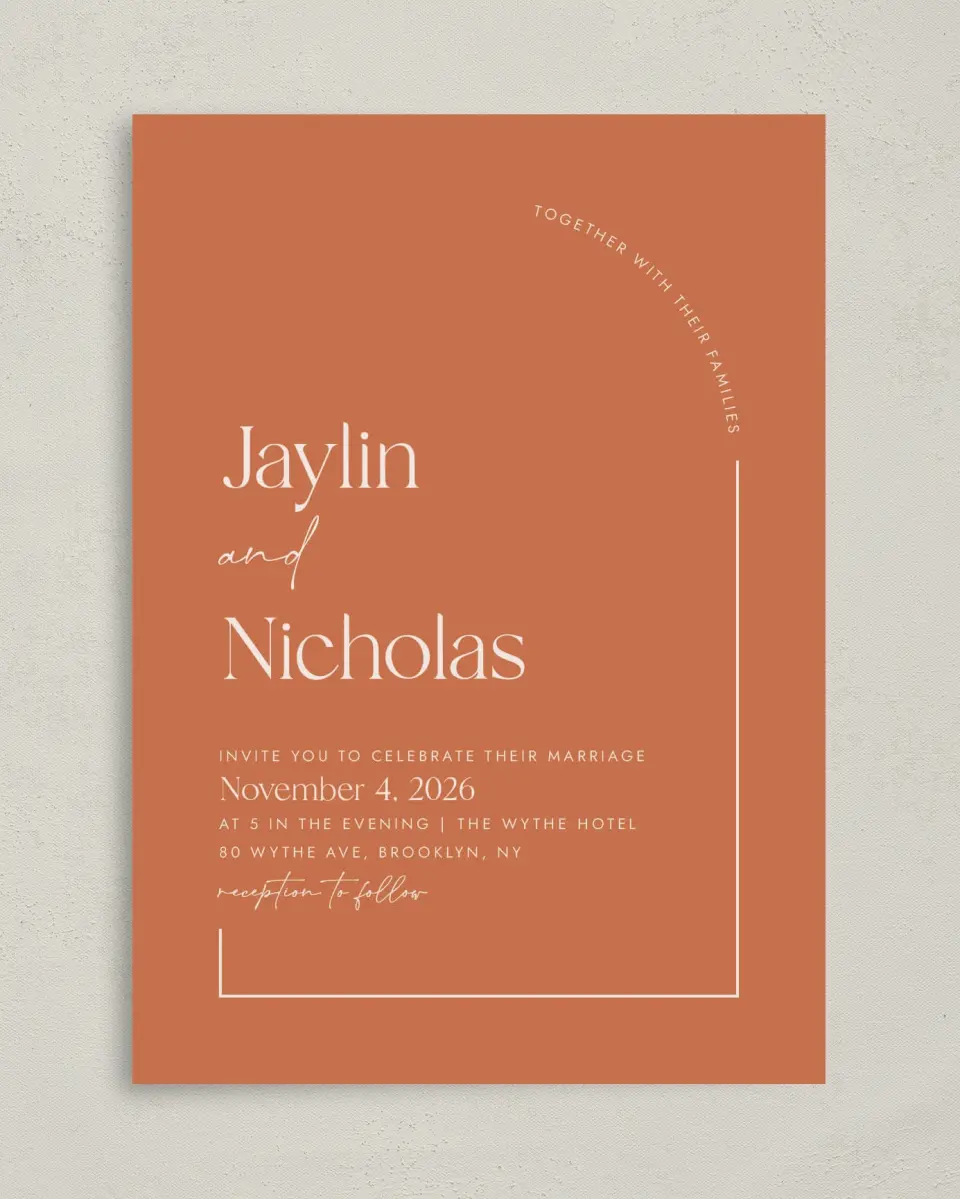 This is a 5" x 7" Classic Wedding Invitation called The Jaylin printed in full color on Premium Smooth paper