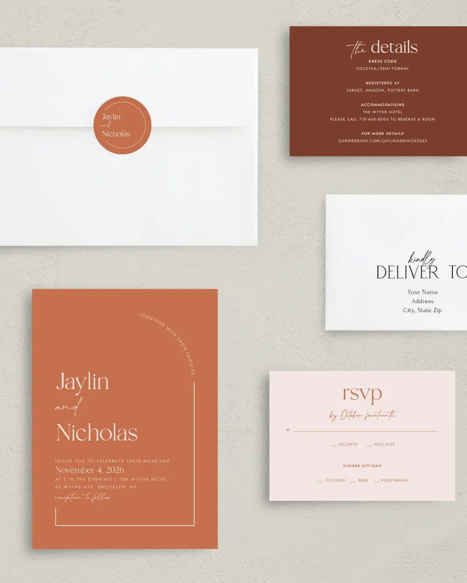 This is a 5" x 7" Classic Wedding Invitation called The Jaylin printed in full color with Silver foil on Luxe Satin (coated) paper