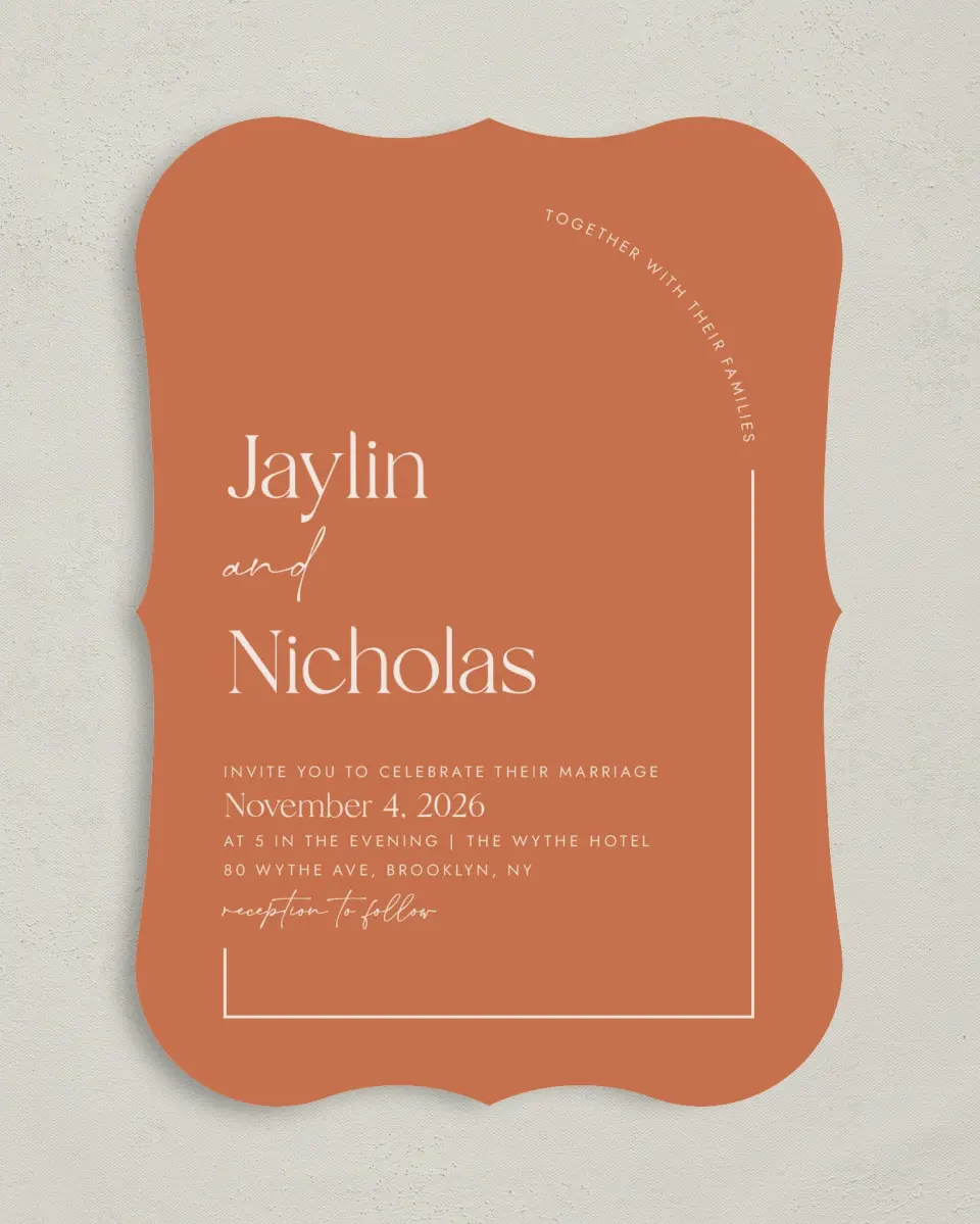 This is a 5" x 7" Bracket Wedding Invitation called The Jaylin printed in full color on Premium Smooth paper
