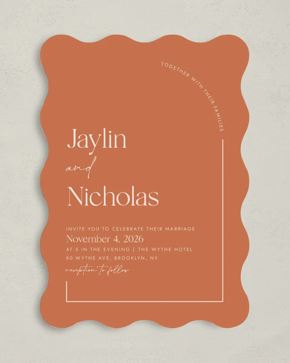 This is a 5" x 7" Wavy Wedding Invitation called The Jaylin printed in full color on Premium Smooth paper
