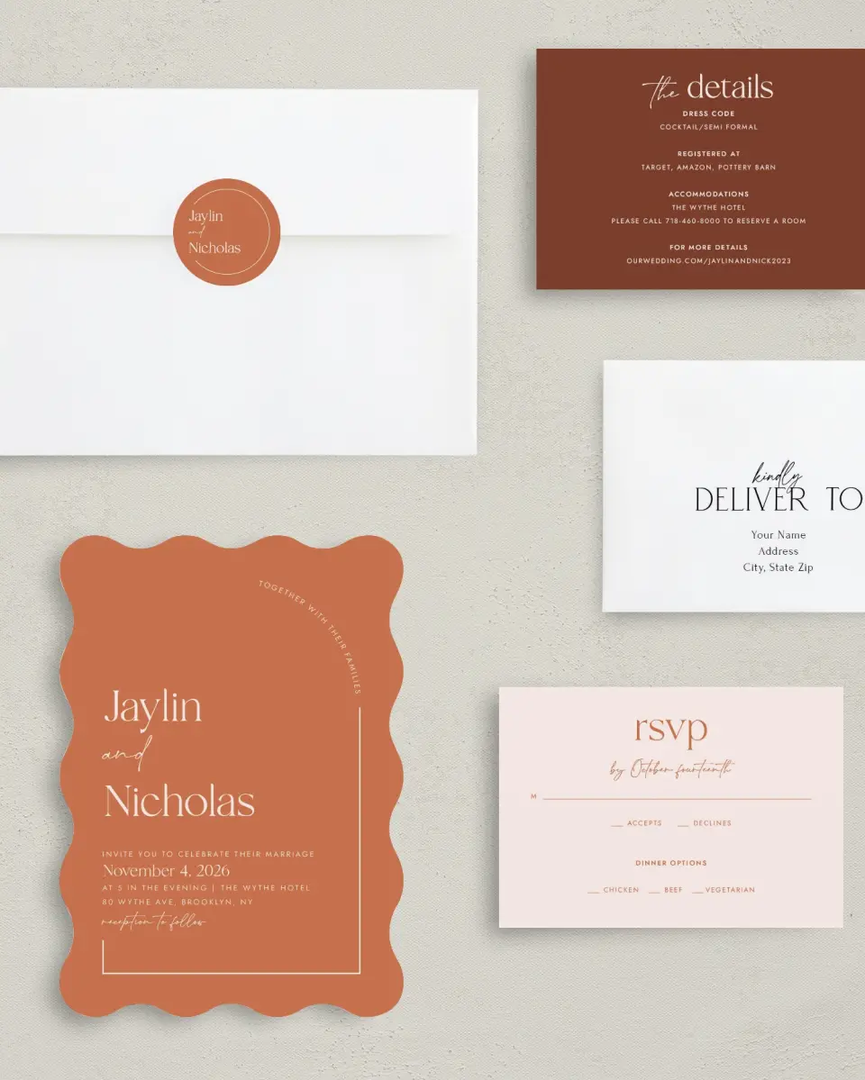 This is a 5" x 7" Wavy Wedding Invitation called The Jaylin printed in full color with Gold foil on Luxe Satin (coated) paper