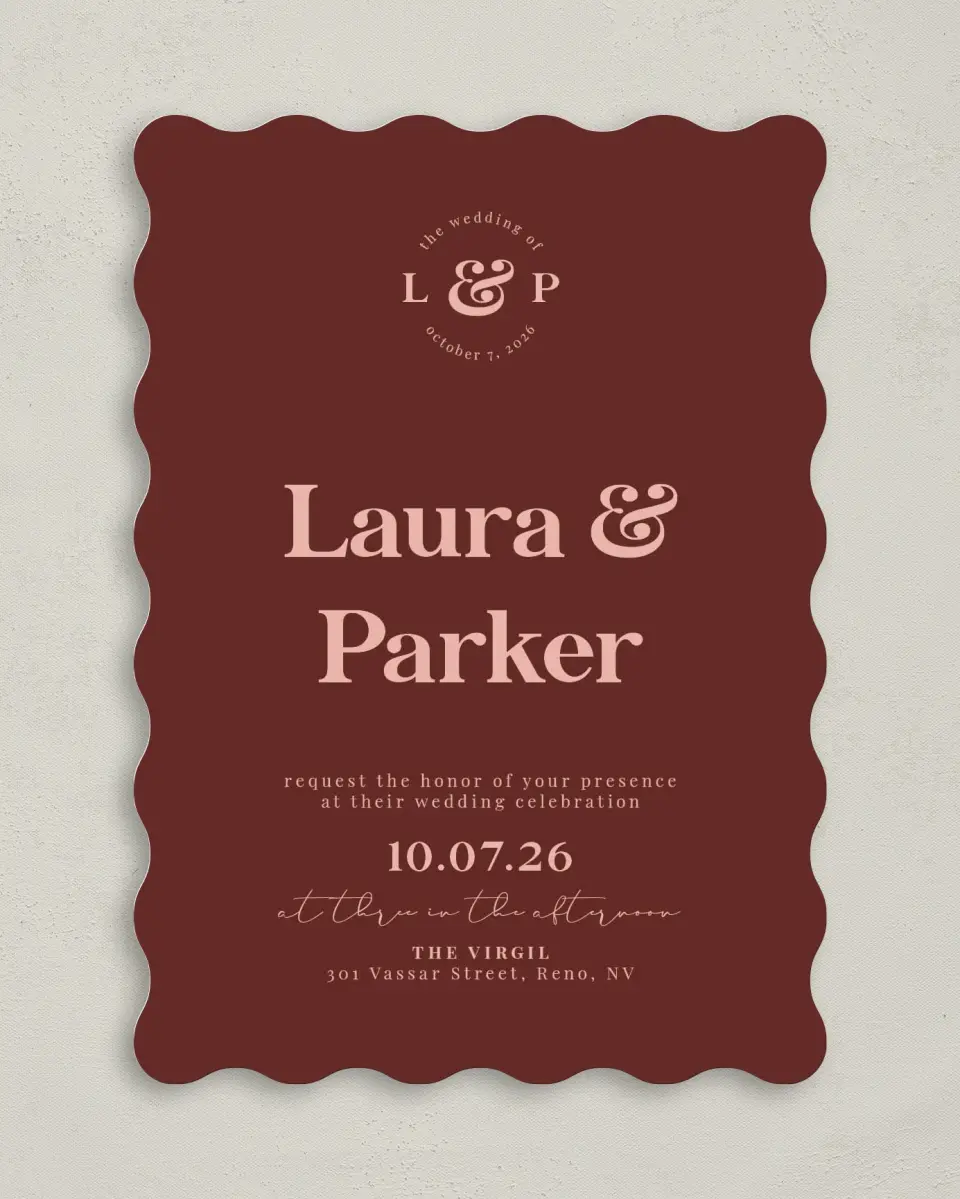This is a 5" x 7" Wavy Wedding Invitation called The Laura printed in full color on Premium Smooth paper