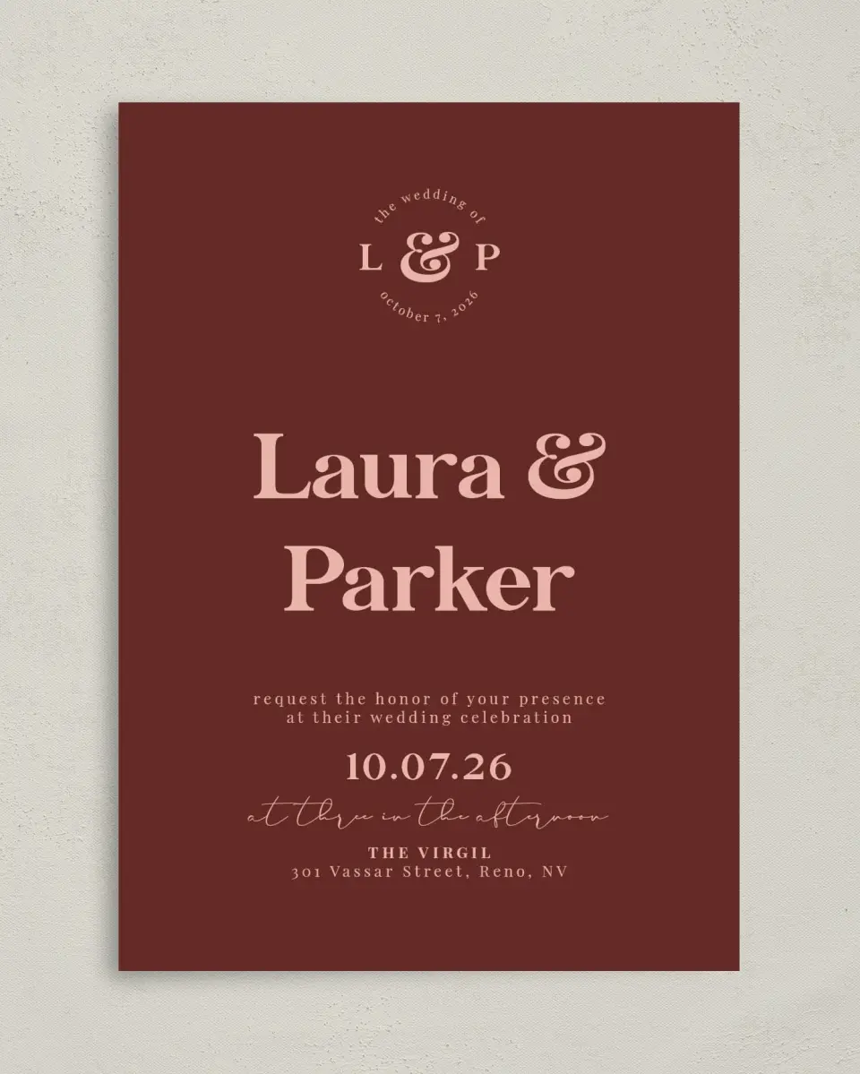 This is a 5" x 7" Classic Wedding Invitation called The Laura printed in full color on Premium Smooth paper