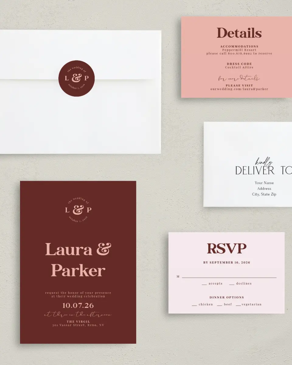 This is a 5" x 7" Classic Wedding Invitation called The Laura printed in full color with Gold foil on Luxe Satin (coated) paper