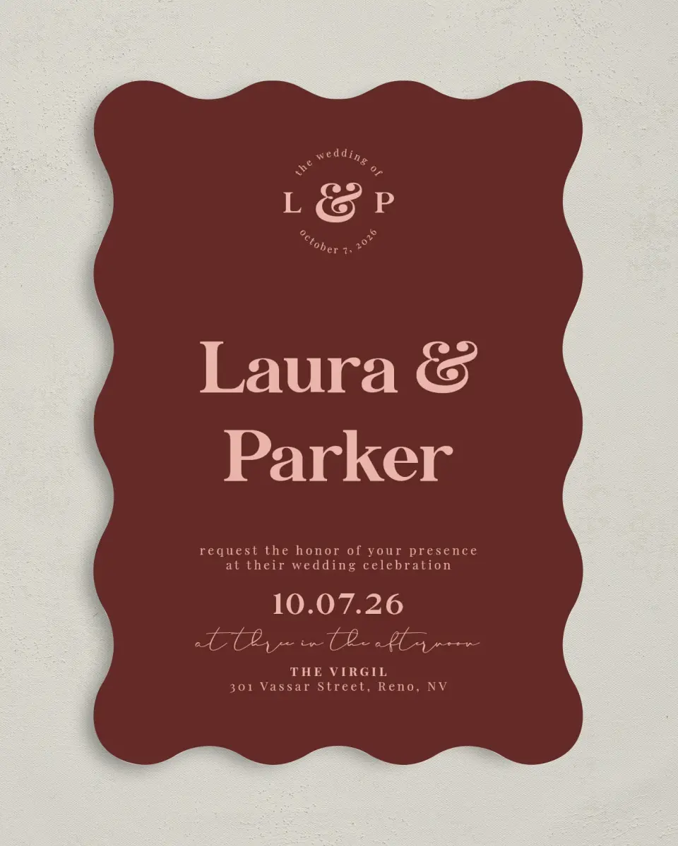 This is a 5" x 7" Wavy Wedding Invitation called The Laura printed in full color with Silver foil on Luxe Satin (coated) paper