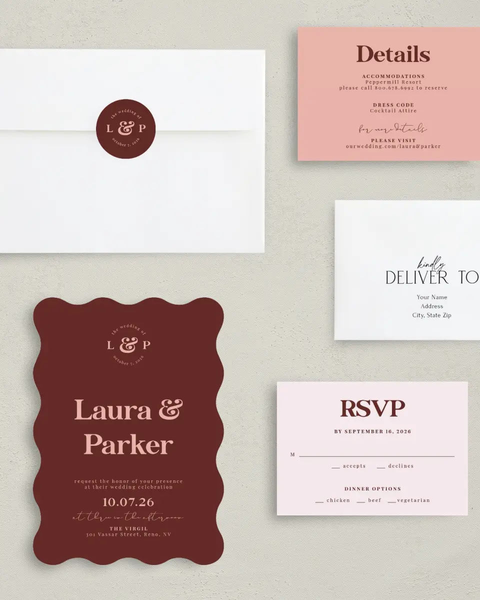 This is a 5" x 7" Wavy Wedding Invitation called The Laura printed in full color with Silver foil on Luxe Satin (coated) paper