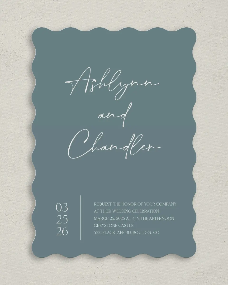 This is a 5" x 7" Wavy Wedding Invitation called The Ashlynn printed in full color on Premium Smooth paper