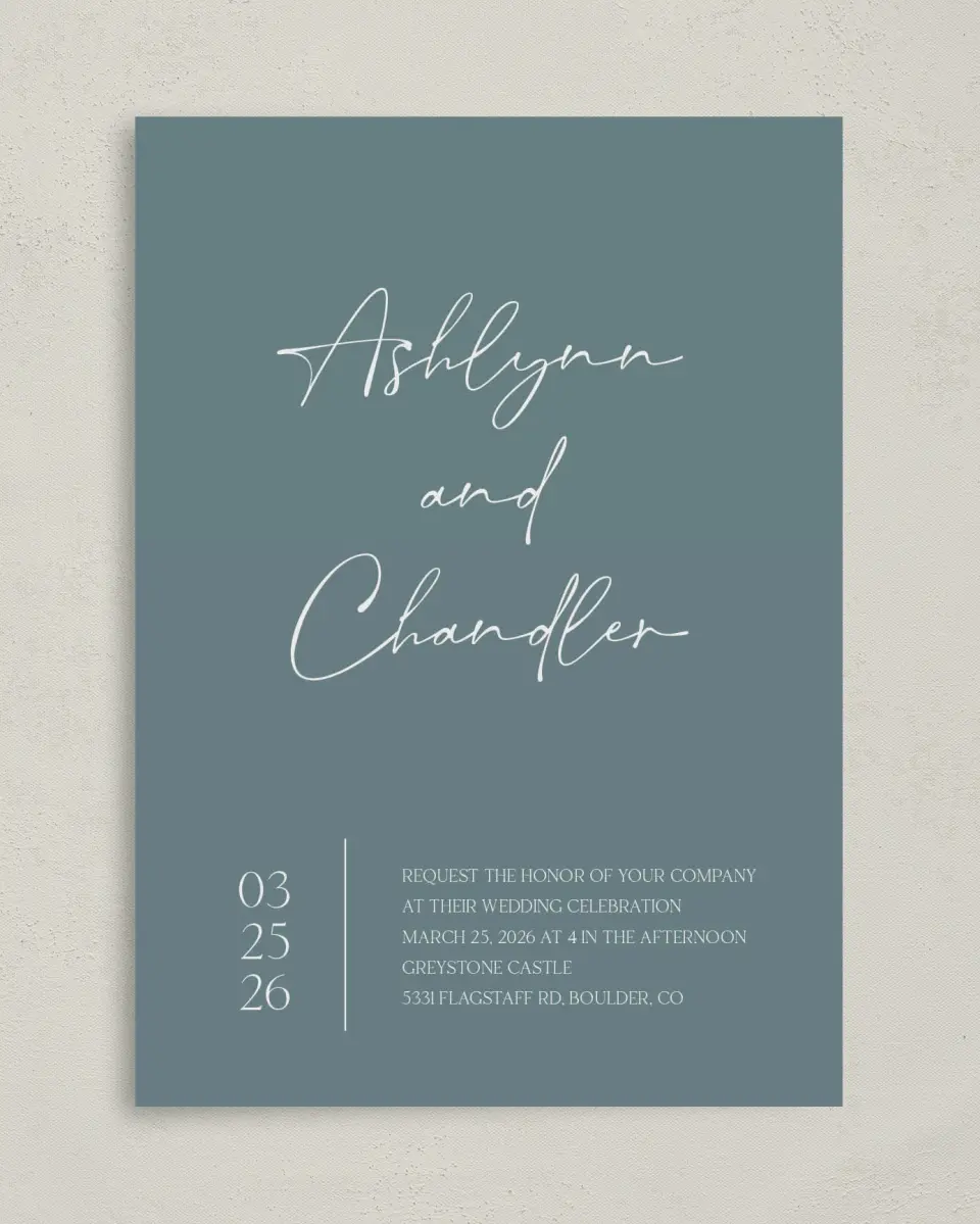 This is a 5" x 7" Classic Wedding Invitation called The Ashlynn printed in full color on Premium Smooth paper