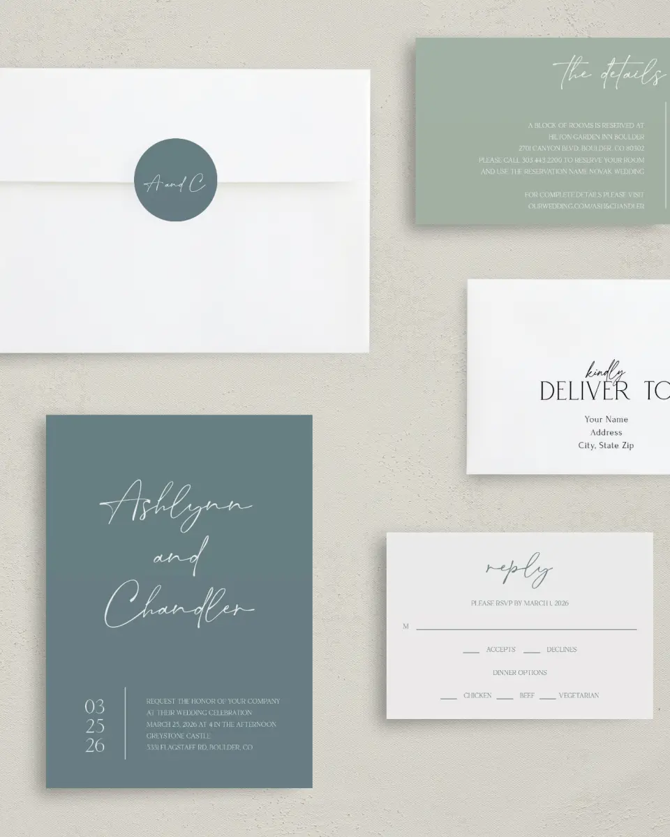 This is a 5" x 7" Classic Wedding Invitation called The Ashlynn printed in full color with Silver foil on Luxe Satin (coated) paper