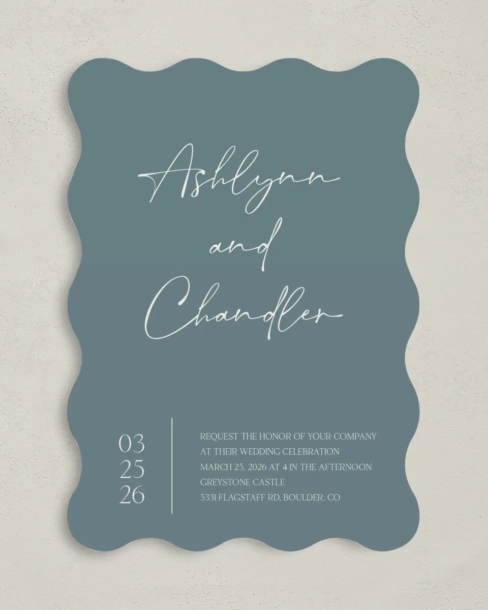 This is a 5" x 7" Wavy Wedding Invitation called The Ashlynn printed in full color on Premium Smooth paper