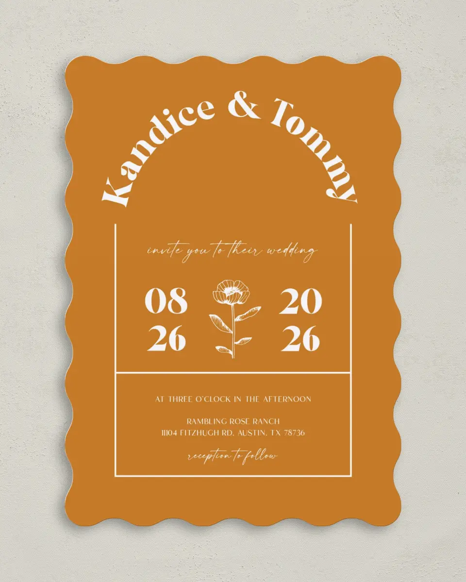 This is a 5" x 7" Wavy Wedding Invitation called The Kandice printed in full color on Premium Smooth paper